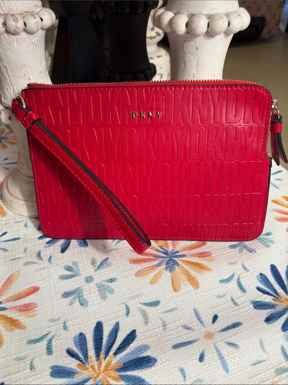 DKNY Red Embossed Leather Wristlet Clutch